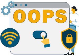 Browser that has "OOPS" (opt out preference signals) in yellow text. Below, a blue and yellow icon of a signal on the left, a blue and white toggle with a blue and yellow hand toggling on in the middle, and a blue shield with a yellow lock on the bottom right. To the very right, a person holds the browser window.
