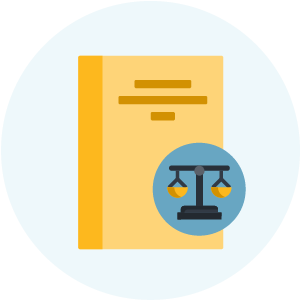 Icon of a yellow book with overlay of scales of justice in front in a blue circle.