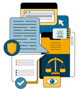 Blue, white, and yellow icons - pop ups of a browser, a text bubble, mouse pointer, alert, notes, a list, a shield, a checkmark, the scales of justice, and an eye