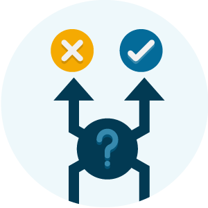 Icon of a decision tree with a circle and a question mark in the middle. Decisions point to two options: one with a yellow X, and another with a blue checkmark.