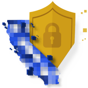 California with pixelated blue squares and yellow shield with privacy lock.