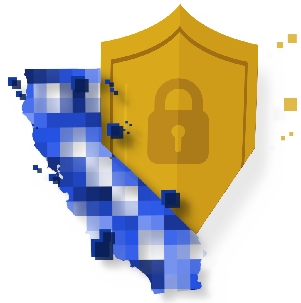 California with pixelated blue squares and yellow shield with privacy lock.