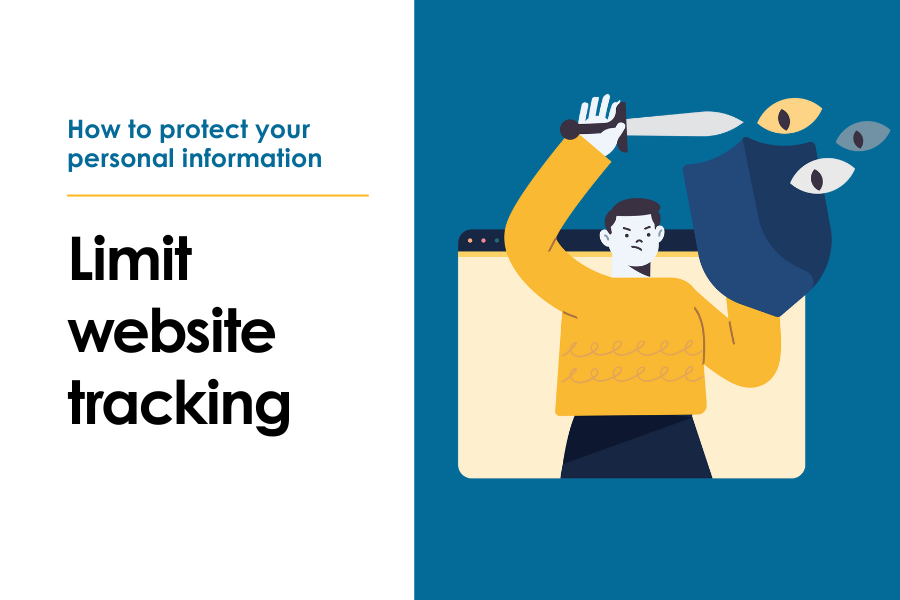 Limit website tracking - a person in a browser uses a sword and shield to defend itself against eyes