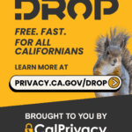 DROP. Free. Fast. For all Californians. Learn more at privacy.ca.gov/drop. A gray squirrel on a yellow background. Brought to you by CalPrivacy