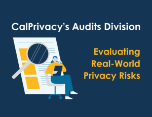CalPrivacy Audits Division. On the left, a woman sits in front of a large piece of paper with checkboxes and a magnifing glass. She is wearing a yellow sweater and holding a clipboard. On the right, “Evaluating Real-World Privacy Risks”